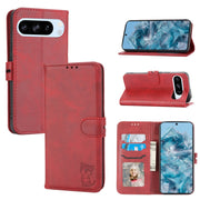 For Google Pixel 9 Embossed Happy Cat Pattern Flip Leather Phone Case(Red)