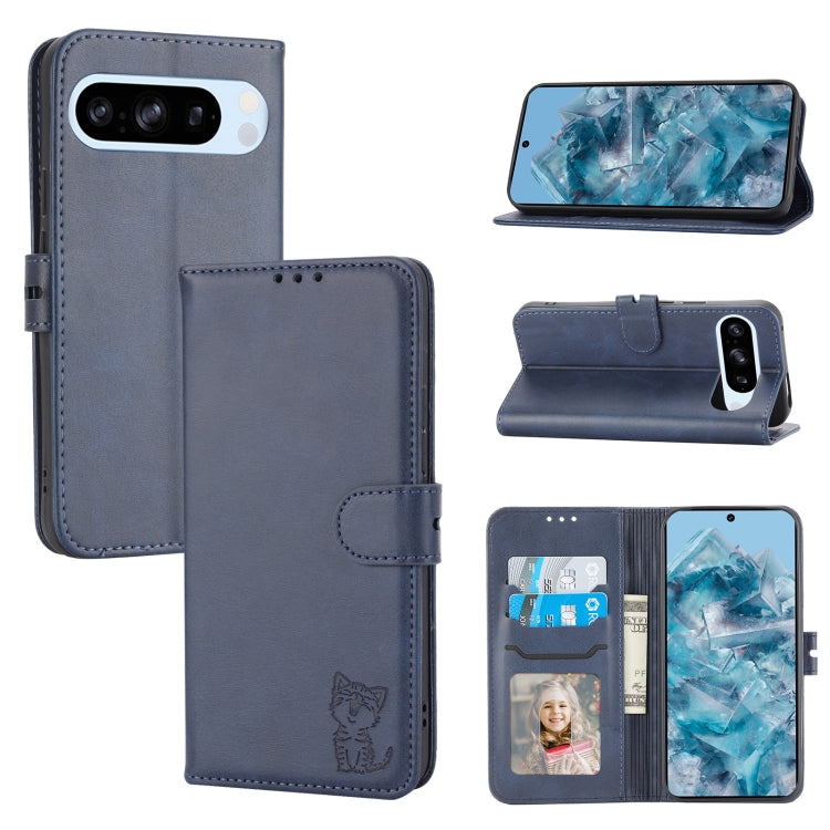 For Google Pixel 9 Embossed Happy Cat Pattern Flip Leather Phone Case(Blue)