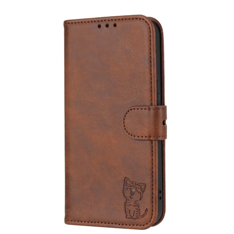 For Google Pixel 9 Embossed Happy Cat Pattern Flip Leather Phone Case(Brown)