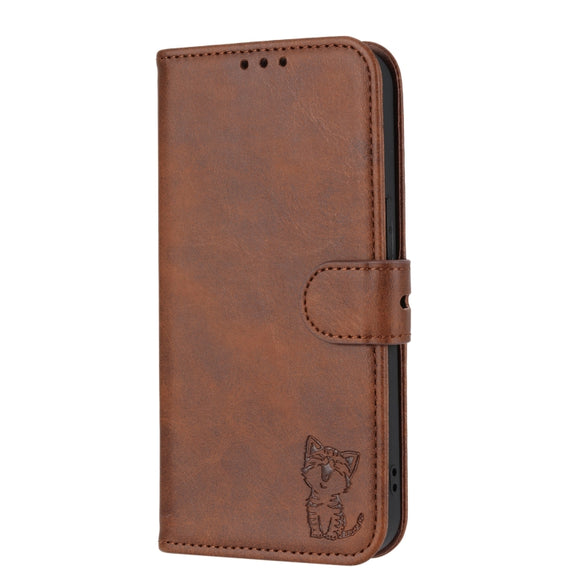 For Google Pixel 9 Embossed Happy Cat Pattern Flip Leather Phone Case(Brown)