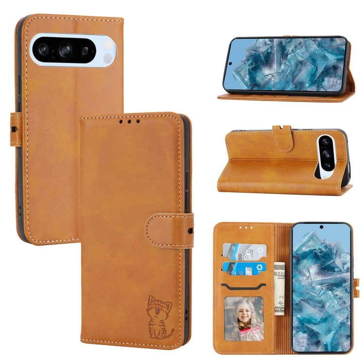 For Google Pixel 9 Embossed Happy Cat Pattern Flip Leather Phone Case(Yellow)