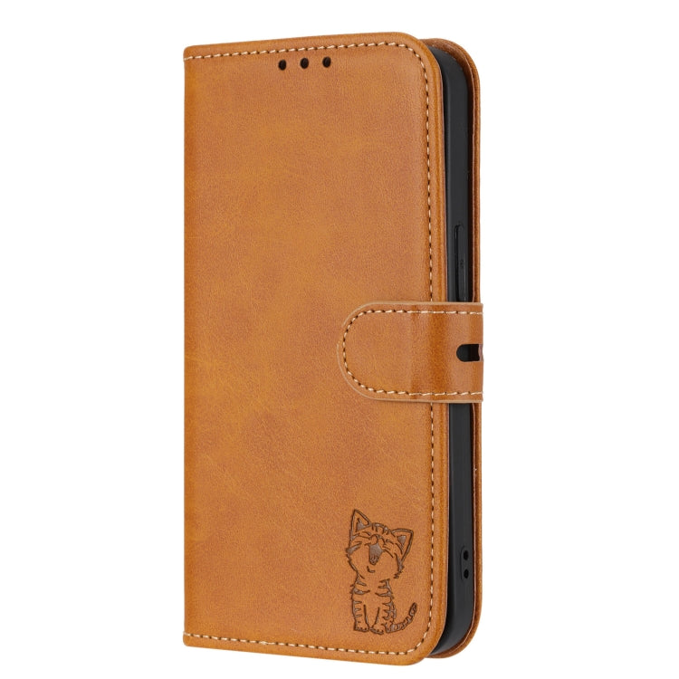 For Google Pixel 9 Embossed Happy Cat Pattern Flip Leather Phone Case(Yellow)