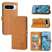 For Google Pixel 9 Embossed Happy Cat Pattern Flip Leather Phone Case(Yellow)