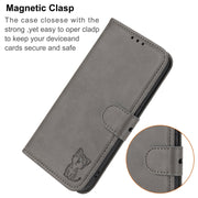 For Google Pixel 9 Embossed Happy Cat Pattern Flip Leather Phone Case(Grey)