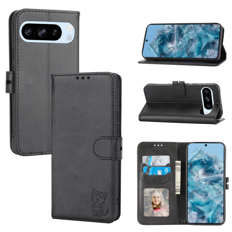 For Google Pixel 9 Embossed Happy Cat Pattern Flip Leather Phone Case(Black)