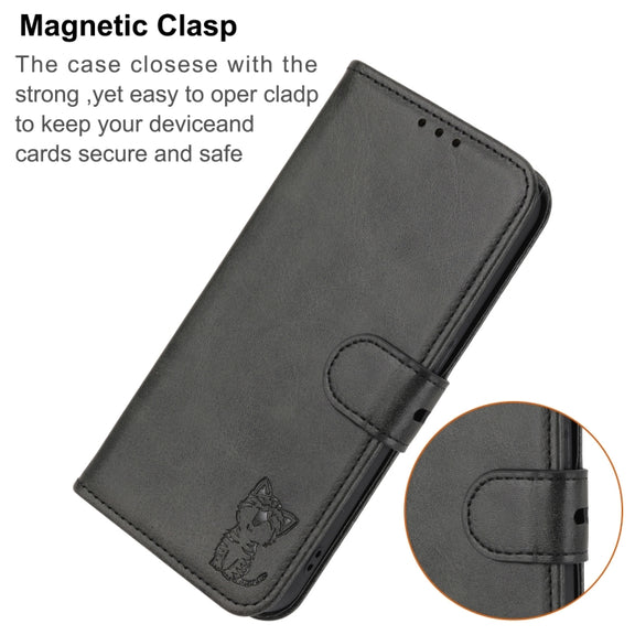 For Google Pixel 9 Embossed Happy Cat Pattern Flip Leather Phone Case(Black)