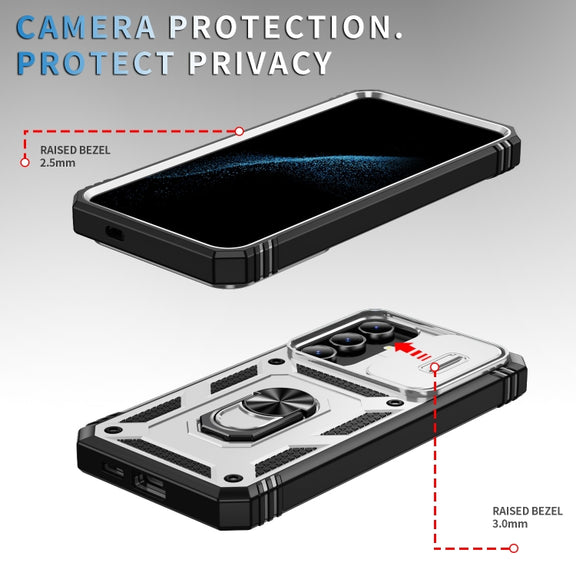 For Samsung Galaxy S24 5G Sliding Camshield TPU + PC Phone Case with Holder(White+Black)