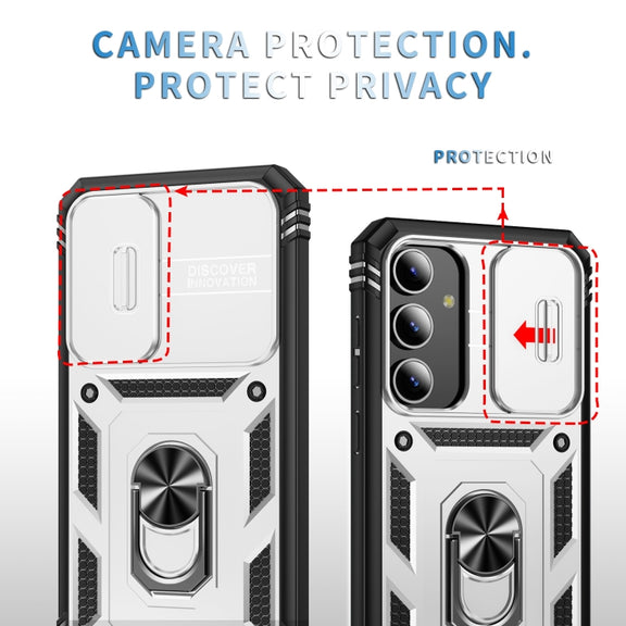 For Samsung Galaxy S24 5G Sliding Camshield TPU + PC Phone Case with Holder(White+Black)
