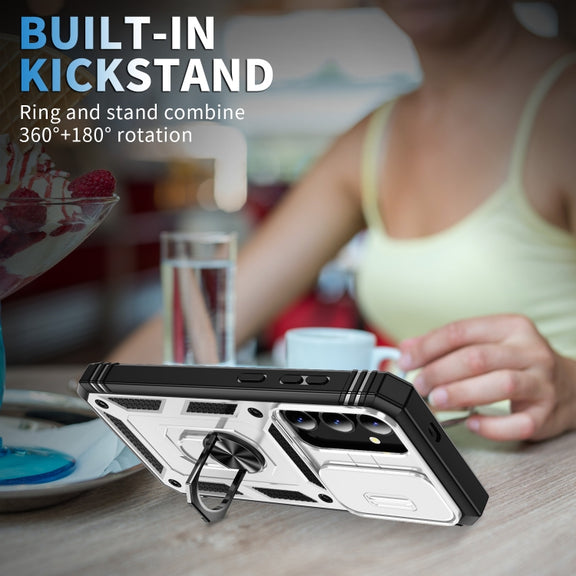 For Samsung Galaxy S24 5G Sliding Camshield TPU + PC Phone Case with Holder(White+Black)