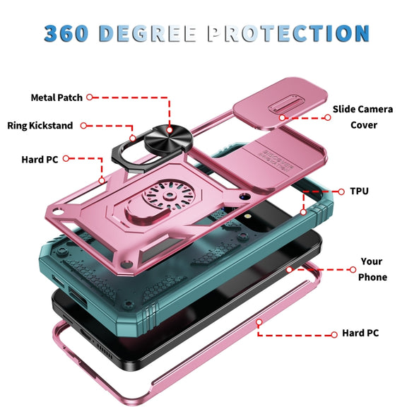 For Samsung Galaxy S24 5G Sliding Camshield TPU + PC Phone Case with Holder(Pink+Green)