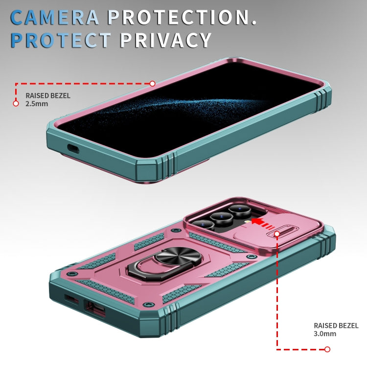 For Samsung Galaxy S24 5G Sliding Camshield TPU + PC Phone Case with Holder(Pink+Green)