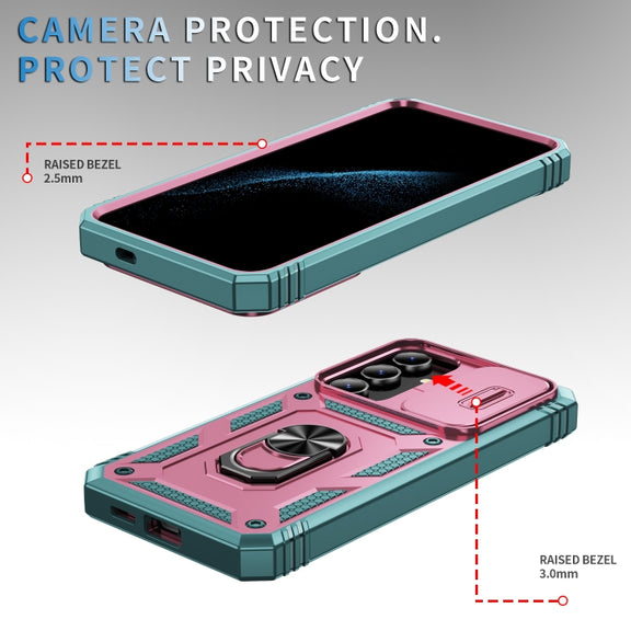 For Samsung Galaxy S24 5G Sliding Camshield TPU + PC Phone Case with Holder(Pink+Green)