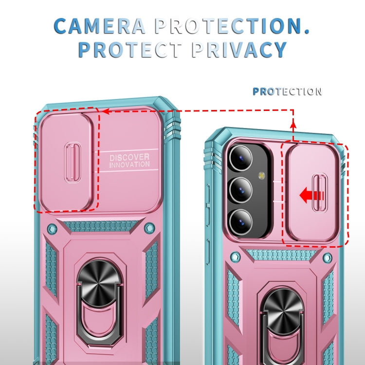 For Samsung Galaxy S24 5G Sliding Camshield TPU + PC Phone Case with Holder(Pink+Green)