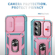 For Samsung Galaxy S24 5G Sliding Camshield TPU + PC Phone Case with Holder(Pink+Green)