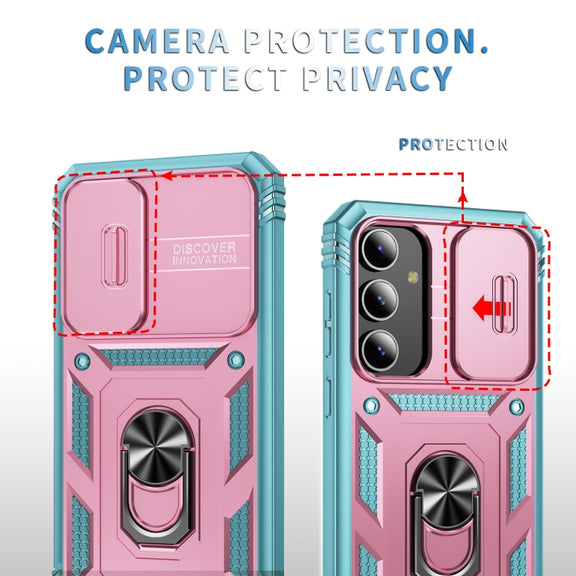 For Samsung Galaxy S24 5G Sliding Camshield TPU + PC Phone Case with Holder(Pink+Green)