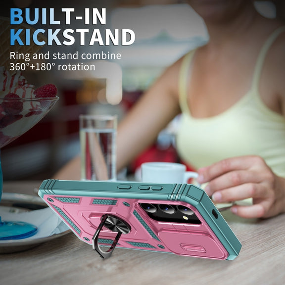For Samsung Galaxy S24 5G Sliding Camshield TPU + PC Phone Case with Holder(Pink+Green)
