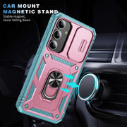 For Samsung Galaxy S24 5G Sliding Camshield TPU + PC Phone Case with Holder(Pink+Green)
