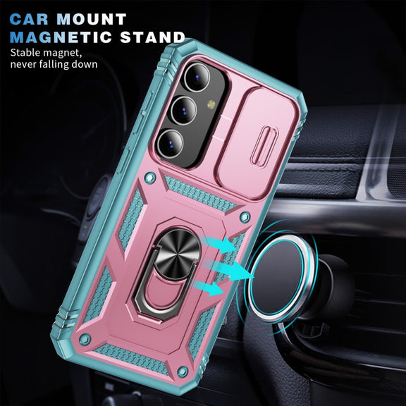 For Samsung Galaxy S24 5G Sliding Camshield TPU + PC Phone Case with Holder(Pink+Green)