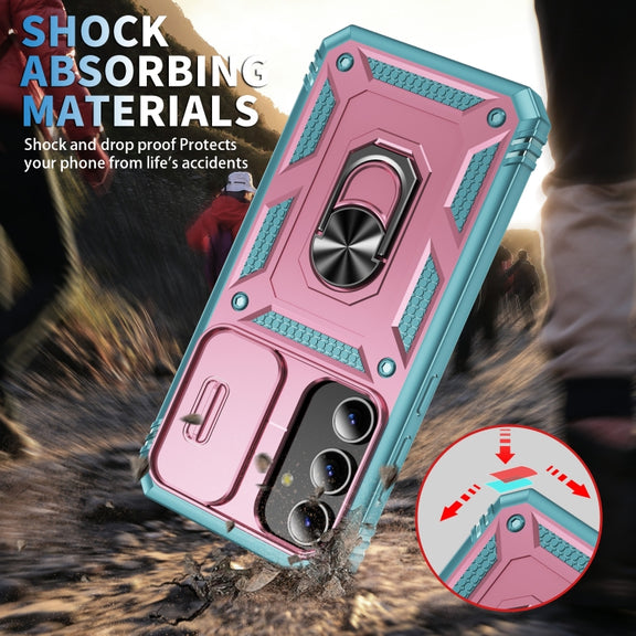 For Samsung Galaxy S24 5G Sliding Camshield TPU + PC Phone Case with Holder(Pink+Green)