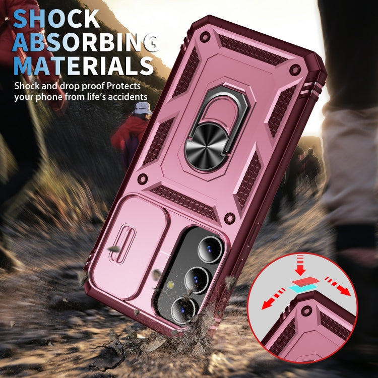 For Samsung Galaxy S24 5G Sliding Camshield TPU + PC Phone Case with Holder(Pink+Rose Red)