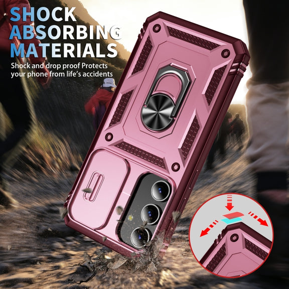 For Samsung Galaxy S24 5G Sliding Camshield TPU + PC Phone Case with Holder(Pink+Rose Red)