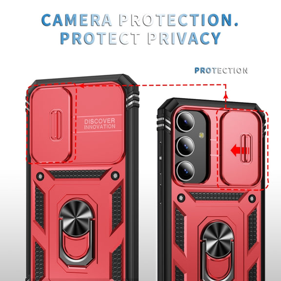 For Samsung Galaxy S24 5G Sliding Camshield TPU + PC Phone Case with Holder(Red+Black)