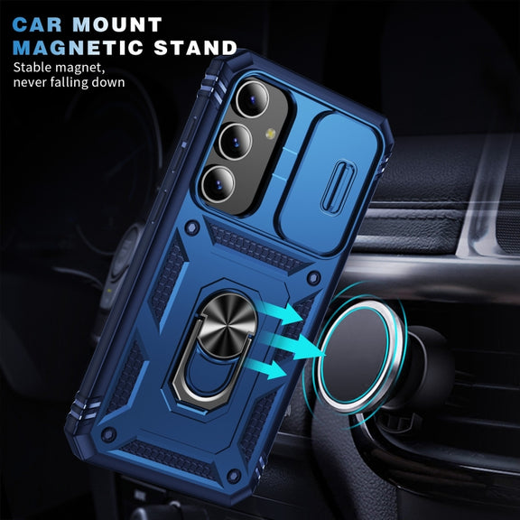 For Samsung Galaxy S24 5G Sliding Camshield TPU + PC Phone Case with Holder(Navy Blue)
