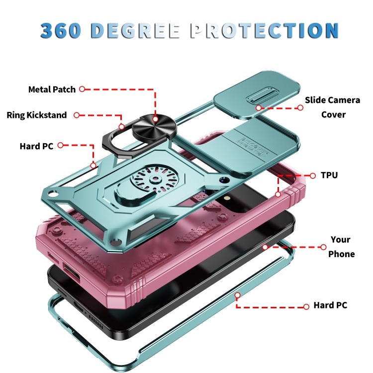 For Samsung Galaxy S24 5G Sliding Camshield TPU + PC Phone Case with Holder(Green+Pink)