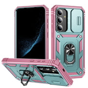 For Samsung Galaxy S24 5G Sliding Camshield TPU + PC Phone Case with Holder(Green+Pink)