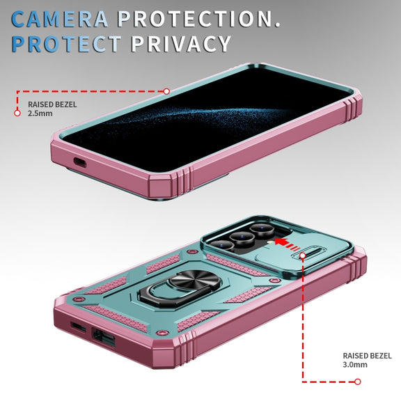 For Samsung Galaxy S24 5G Sliding Camshield TPU + PC Phone Case with Holder(Green+Pink)