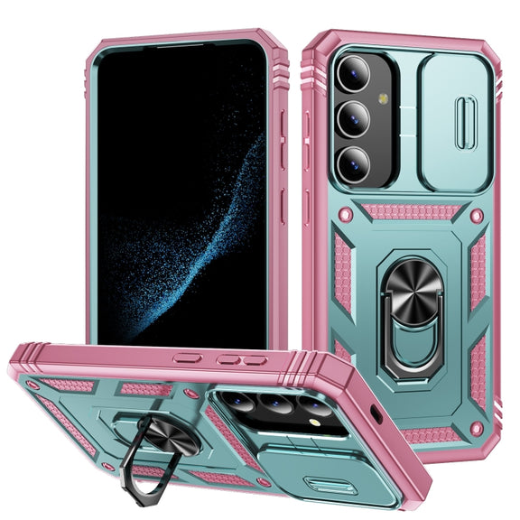 For Samsung Galaxy S24 5G Sliding Camshield TPU + PC Phone Case with Holder(Green+Pink)