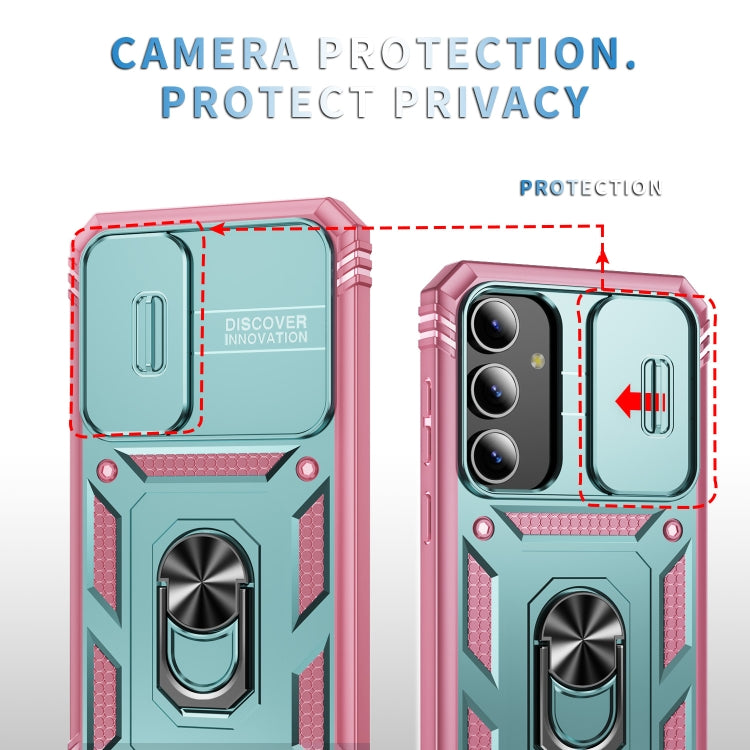 For Samsung Galaxy S24+ 5G Sliding Camshield TPU + PC Phone Case with Holder(Green+Pink)