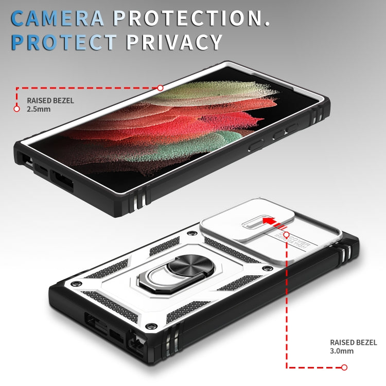 For Samsung Galaxy S24 Ultra 5G Sliding Camshield TPU + PC Phone Case with Holder(White+Black)