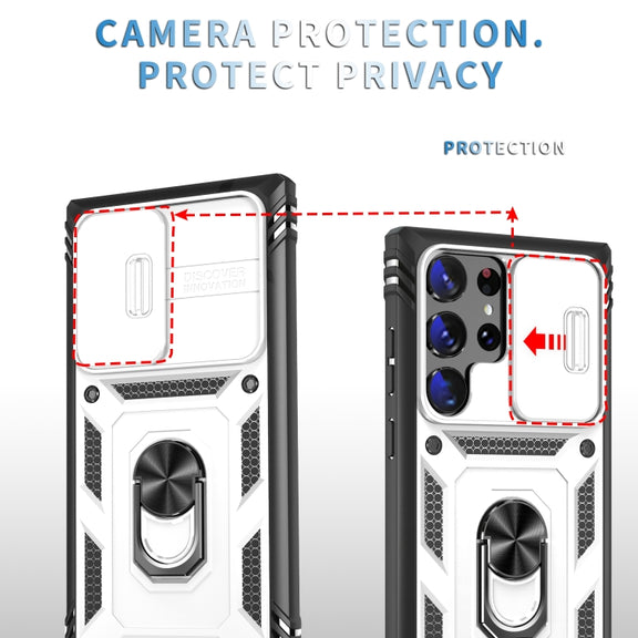 For Samsung Galaxy S24 Ultra 5G Sliding Camshield TPU + PC Phone Case with Holder(White+Black)