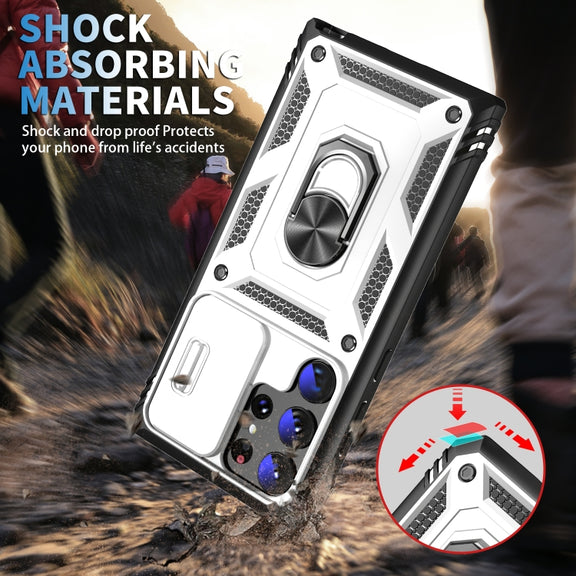 For Samsung Galaxy S24 Ultra 5G Sliding Camshield TPU + PC Phone Case with Holder(White+Black)