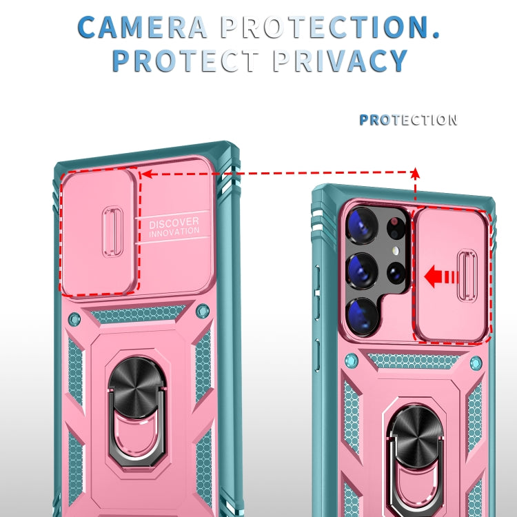 For Samsung Galaxy S24 Ultra 5G Sliding Camshield TPU + PC Phone Case with Holder(Pink+Green)