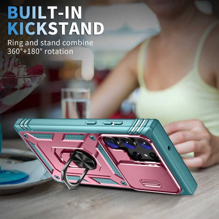 For Samsung Galaxy S24 Ultra 5G Sliding Camshield TPU + PC Phone Case with Holder(Pink+Green)