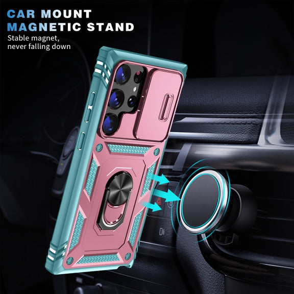 For Samsung Galaxy S24 Ultra 5G Sliding Camshield TPU + PC Phone Case with Holder(Pink+Green)