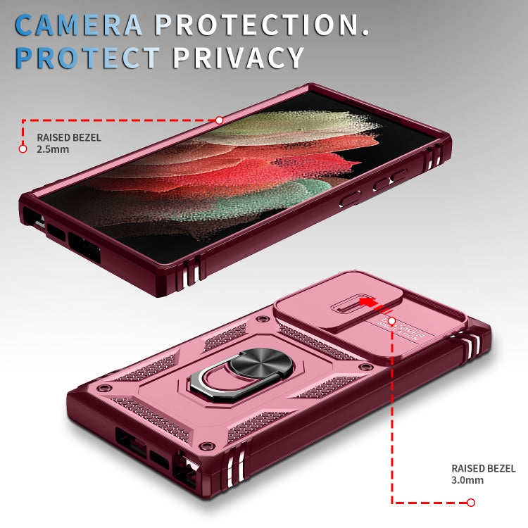 For Samsung Galaxy S24 Ultra 5G Sliding Camshield TPU + PC Phone Case with Holder(Pink+Rose Red)