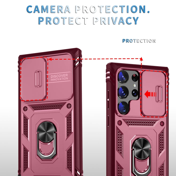 For Samsung Galaxy S24 Ultra 5G Sliding Camshield TPU + PC Phone Case with Holder(Pink+Rose Red)