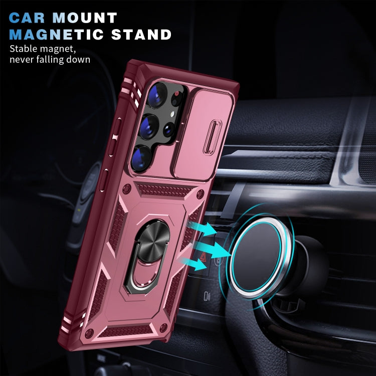 For Samsung Galaxy S24 Ultra 5G Sliding Camshield TPU + PC Phone Case with Holder(Pink+Rose Red)