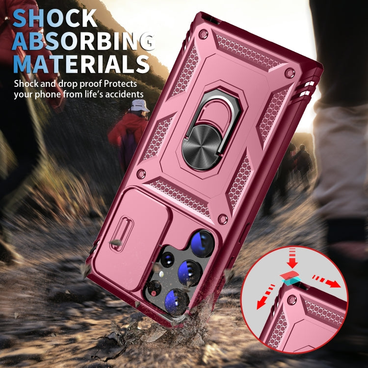 For Samsung Galaxy S24 Ultra 5G Sliding Camshield TPU + PC Phone Case with Holder(Pink+Rose Red)