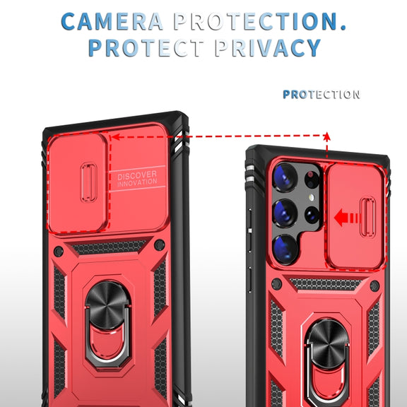 For Samsung Galaxy S24 Ultra 5G Sliding Camshield TPU + PC Phone Case with Holder(Red+Black)