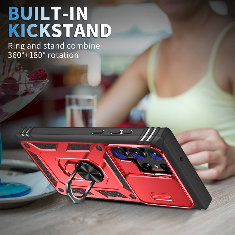 For Samsung Galaxy S24 Ultra 5G Sliding Camshield TPU + PC Phone Case with Holder(Red+Black)