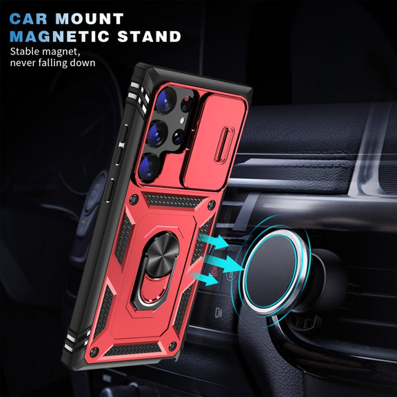 For Samsung Galaxy S24 Ultra 5G Sliding Camshield TPU + PC Phone Case with Holder(Red+Black)
