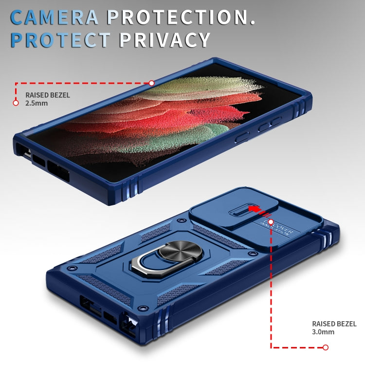 For Samsung Galaxy S24 Ultra 5G Sliding Camshield TPU + PC Phone Case with Holder(Navy Blue)