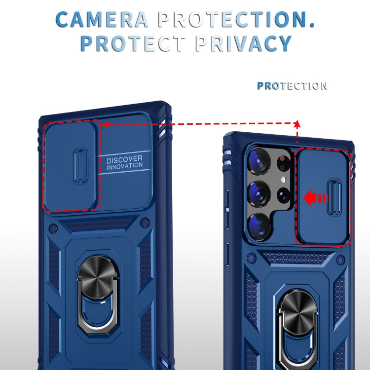 For Samsung Galaxy S24 Ultra 5G Sliding Camshield TPU + PC Phone Case with Holder(Navy Blue)