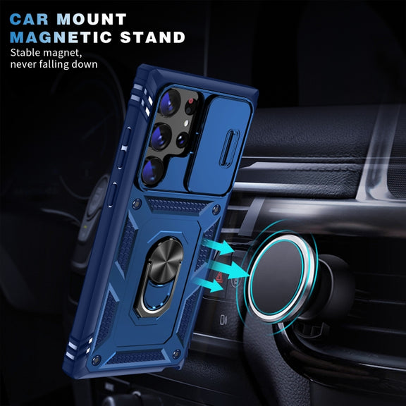 For Samsung Galaxy S24 Ultra 5G Sliding Camshield TPU + PC Phone Case with Holder(Navy Blue)