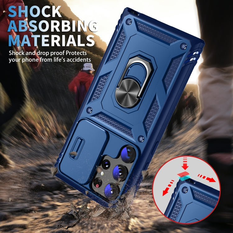For Samsung Galaxy S24 Ultra 5G Sliding Camshield TPU + PC Phone Case with Holder(Navy Blue)