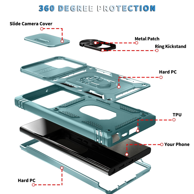 For Samsung Galaxy S24 Ultra 5G Sliding Camshield TPU + PC Phone Case with Holder(Green)